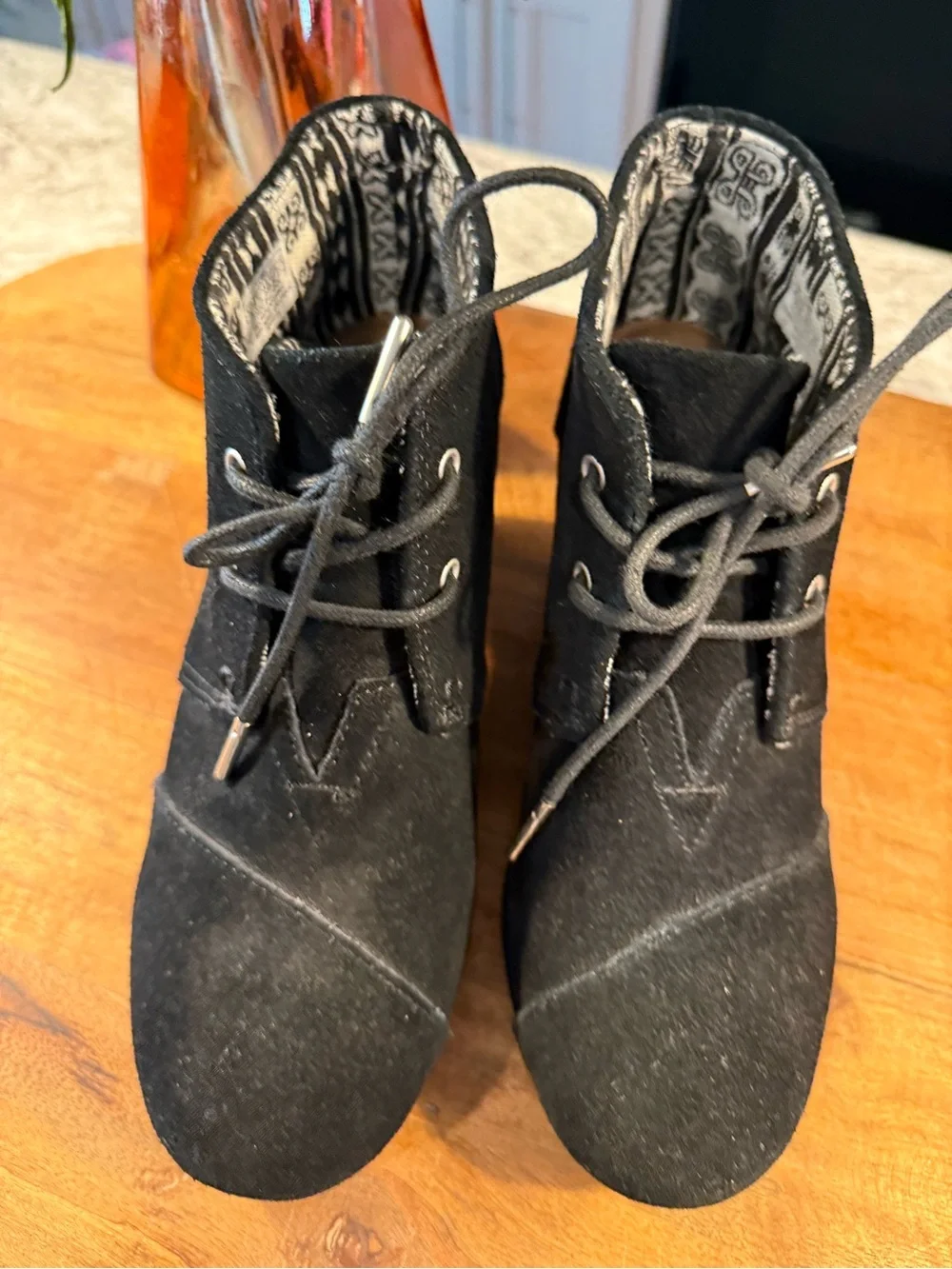 Toms Black Suede Lace-Up Wedge Ankle Booties